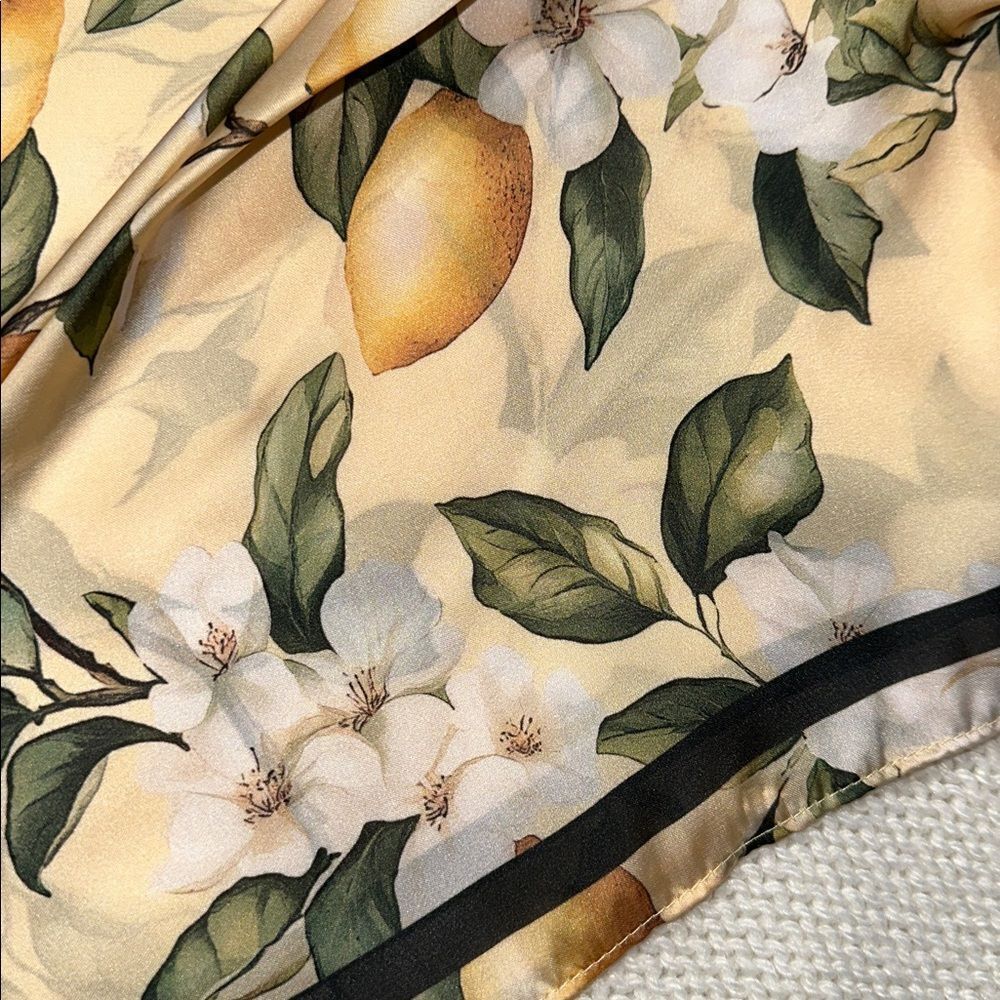 nOir Gold Green Lemon Branches Floral Square Satin Head Neck Bag Scarf